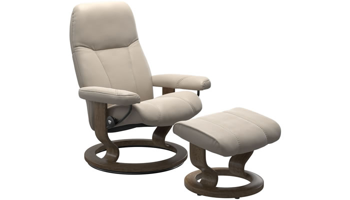 Stressless Consul Classic Recliner and Stool in Paloma Fog Leather